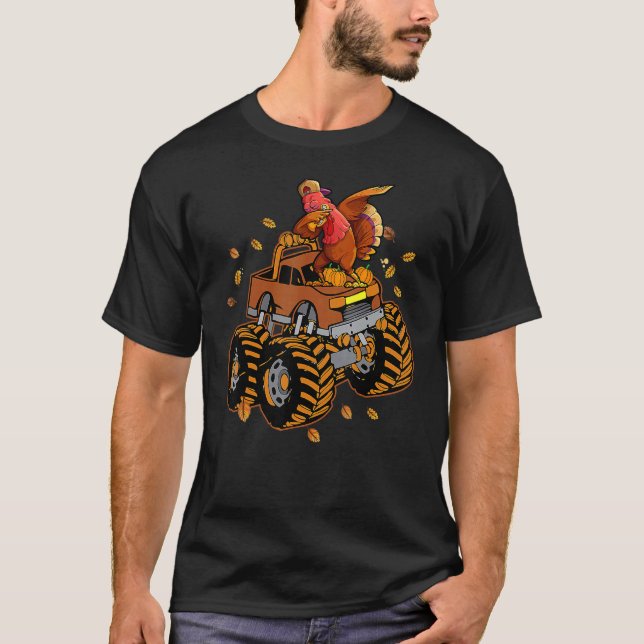 Thanksgiving Turkey Riding Monster Truck Boys Kids T-Shirt (Front)