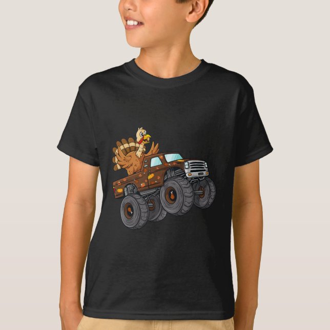 Thanksgiving Turkey Riding Monster Truck Boys Kids T-Shirt (Front)