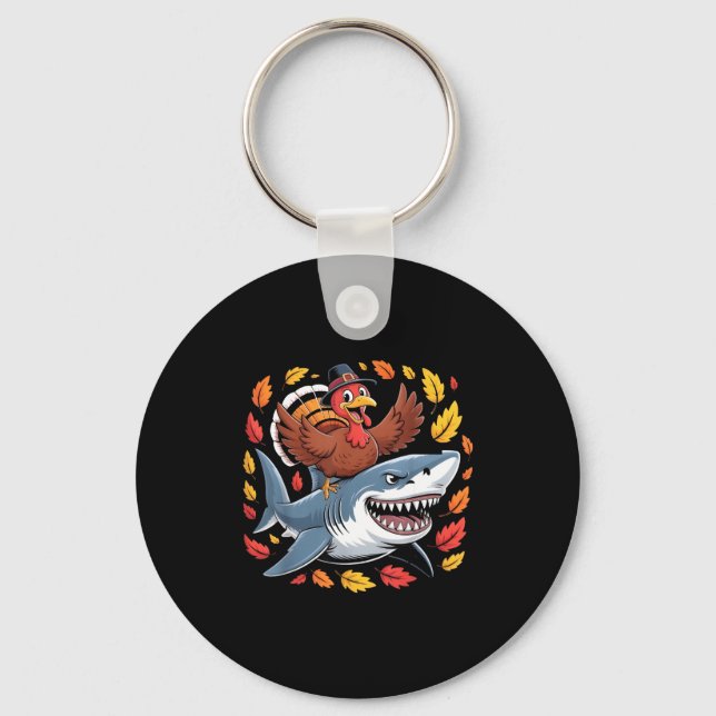 Thanksgiving Turkey Riding Shark Funny Autumn Boys Key Ring (Front)