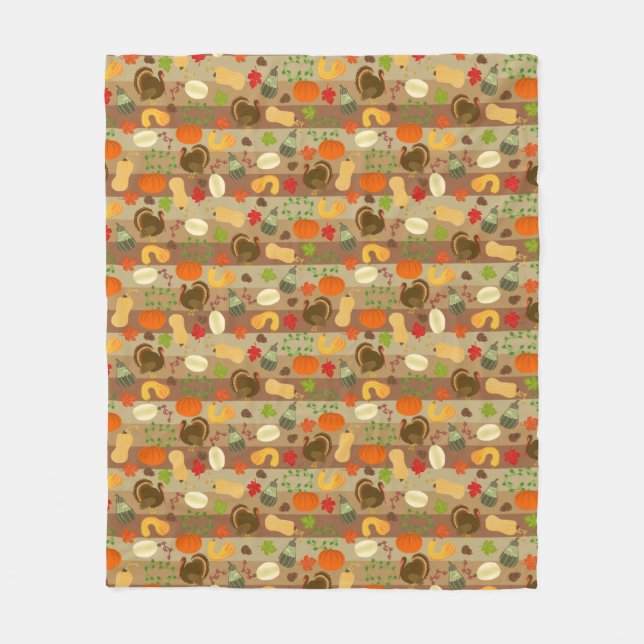 Thanksgiving Turkey Squash Autumn Harvest Pattern Fleece Blanket (Front)