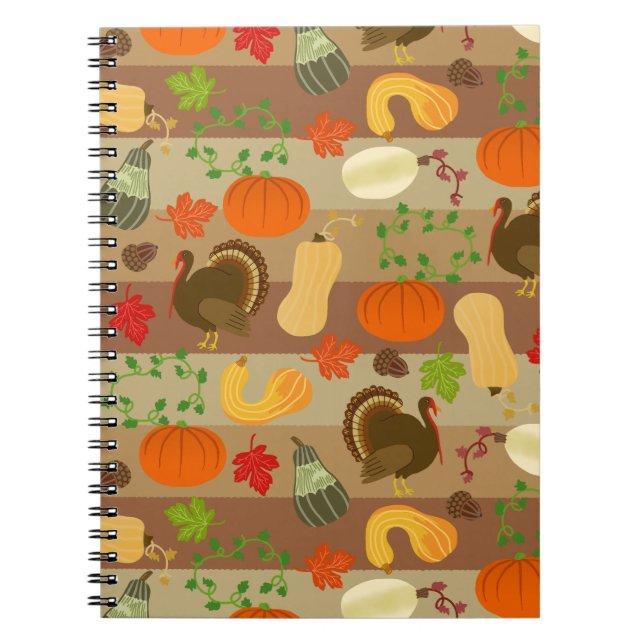 Thanksgiving Turkey Squash Autumn Harvest Pattern Spiral Notebook (Front)