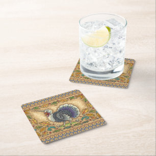 THANKSGIVING TURKEY UNICORN, WHIMSICAL FANTASY SQUARE PAPER COASTER