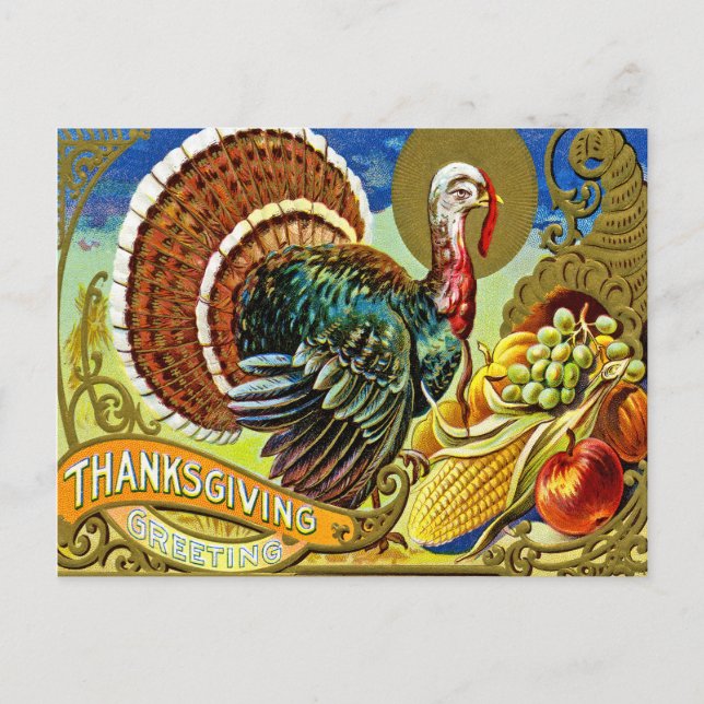 Thanksgiving turkey with Autumn fruits, vintage Postcard (Front)