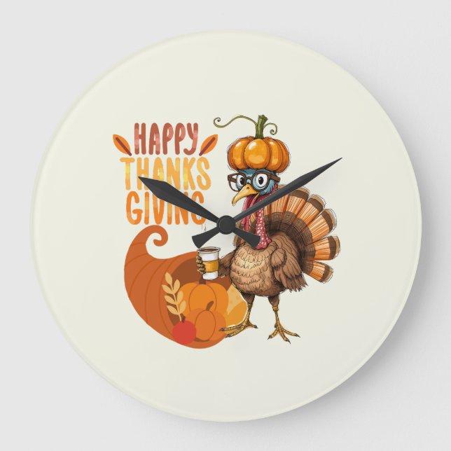 Thanksgiving Turkey with Pumpkin Hat Large Clock (Front)