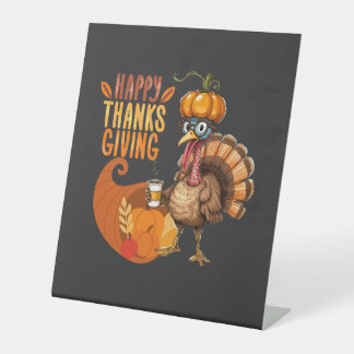 Thanksgiving Turkey with Pumpkin Hat Pedestal Sign