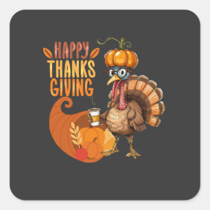 Thanksgiving Turkey with Pumpkin Hat Square Sticker