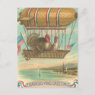 Thanksgiving Turkeys in a Blimp Holiday Postcard