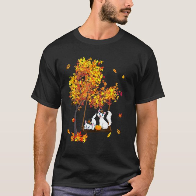 Thanksgiving Two Cats Wearing Hat Fall Tree  Owner T-Shirt (Front)