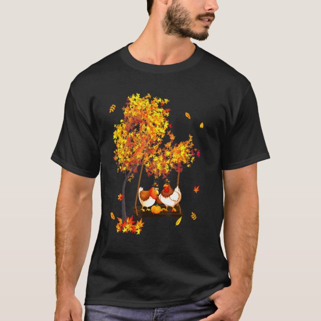 Thanksgiving Two Chickens Wearing Hat Fall Tree Fa T-Shirt (Front)