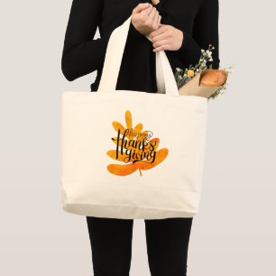 Thanksgiving Typography With Fall Leaf  Large Tote Bag