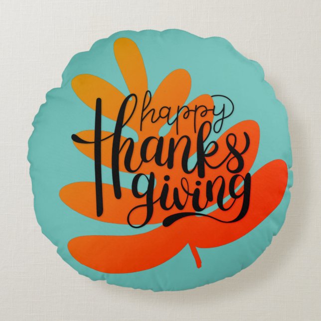 Thanksgiving Typography With Fall Leaf  Round Cushion (Front)
