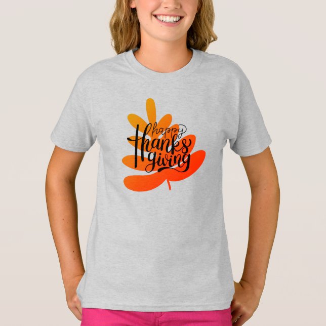 Thanksgiving Typography With Fall Leaf  T-Shirt (Front)