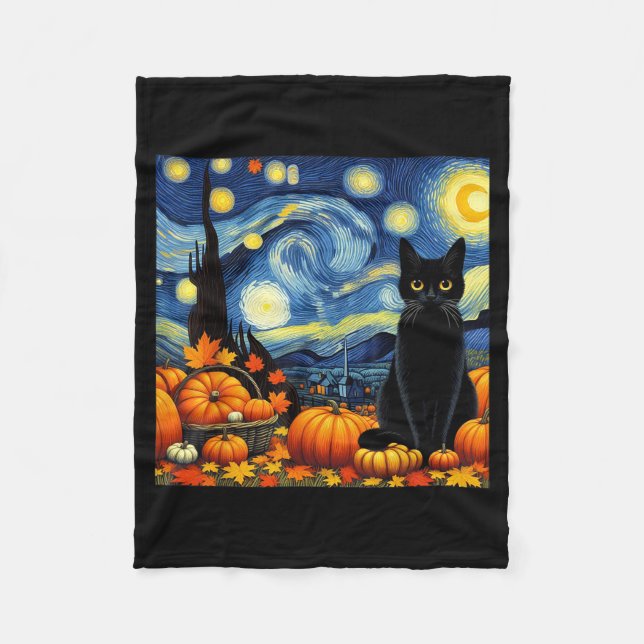 Thanksgiving Van Gogh Starry Night Black Cat Pumpk Fleece Blanket (Front)