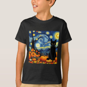 Thanksgiving Van Gogh Starry Night Black Cat Pumpk T-Shirt