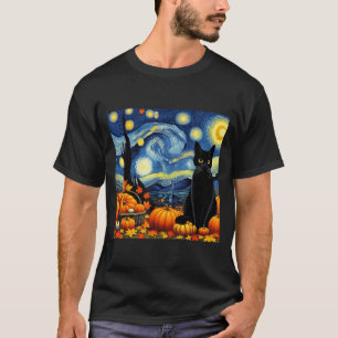 Thanksgiving Van Gogh Starry Night Black Cat Pumpk T-Shirt