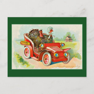 thanksgiving-vintage-2-turkeys-driving-old-car holiday postcard