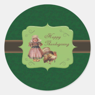 Thanksgiving Vintage Pilgrim Girl Classic Round Sticker
