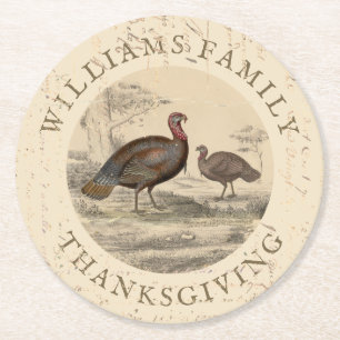 Thanksgiving Vintage Turkey Day Family Name Round Paper Coaster