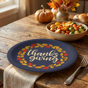 Thanksgiving Watercolor Fall Leaf Wreath Paper Plate