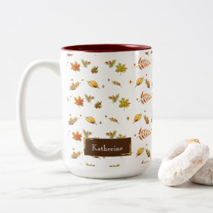 Thanksgiving Watercolor Fall Leaves Monogram Two-Tone Coffee Mug