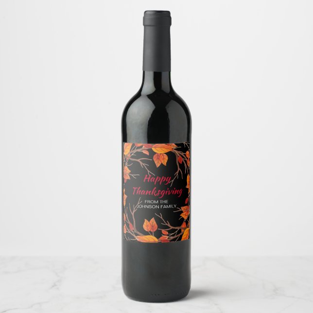 Thanksgiving Watercolor Fall Leaves Personalised Wine Label (Front)
