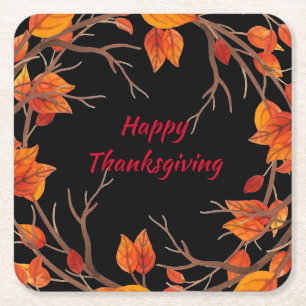 Thanksgiving Watercolor Fall Leaves Square Paper Coaster