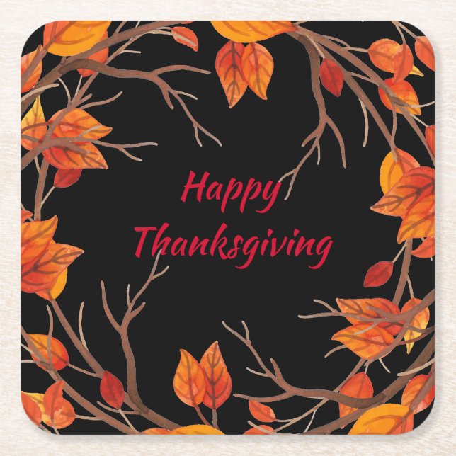 Thanksgiving Watercolor Fall Leaves Square Paper Coaster (Front)