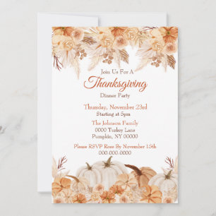 Thanksgiving Watercolor Floral and Pumpkin  Invitation
