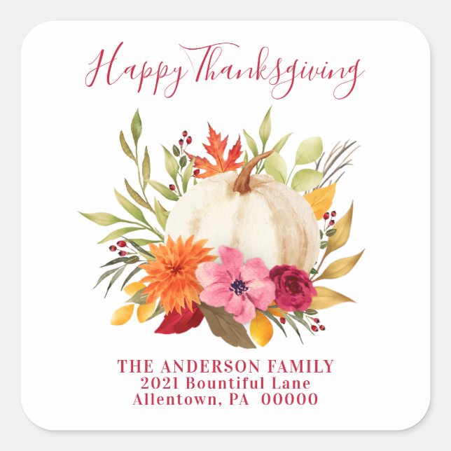 THANKSGIVING WATERCOLOR FLORAL PUMPKIN ADDRESS SQUARE STICKER (Front)