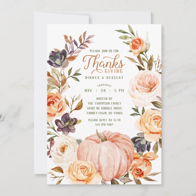 Thanksgiving Watercolor Floral Pumpkin Invitation (Front)