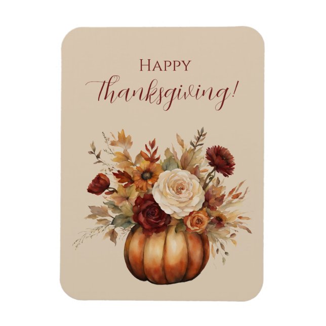 Thanksgiving-Watercolor Pumpkin and Flowers- Magnet (Vertical)