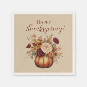 Thanksgiving-Watercolor Pumpkin and Flowers- Napkin
