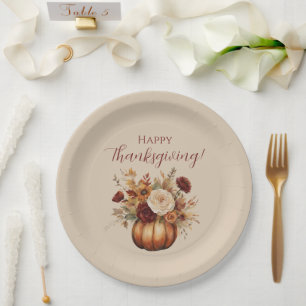 Thanksgiving-Watercolor Pumpkin and Flowers- Paper Plate