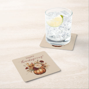 Thanksgiving-Watercolor Pumpkin and Flowers- Square Paper Coaster