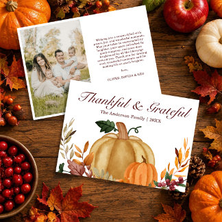 Thanksgiving Watercolor Pumpkin Autumn Fall Photo Holiday Card