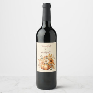Thanksgiving-Watercolor Pumpkin Floral Design- Wine Label