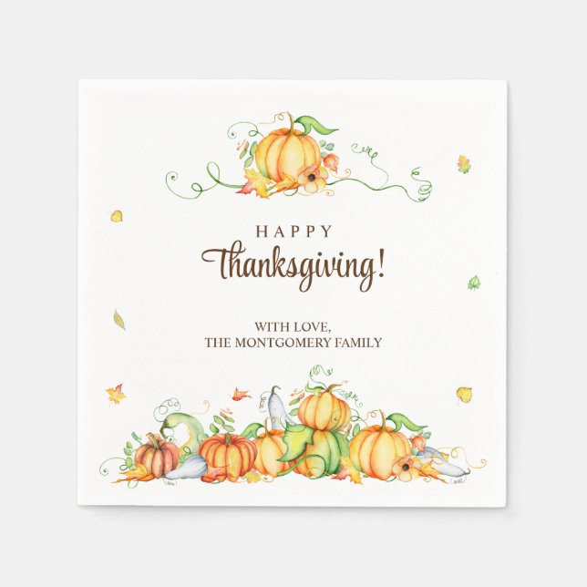 Thanksgiving Watercolor Pumpkin Vines Party Napkin (Front)