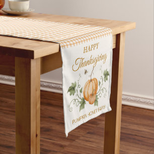 Thanksgiving Watercolor Pumpkins Orange Plaid Fall Short Table Runner