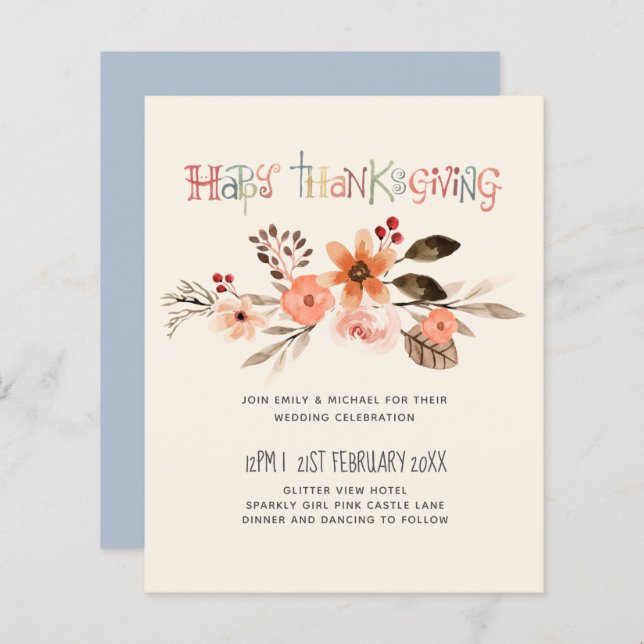 Thanksgiving Wedding Invitations Dusty Blue Orange (Front/Back)