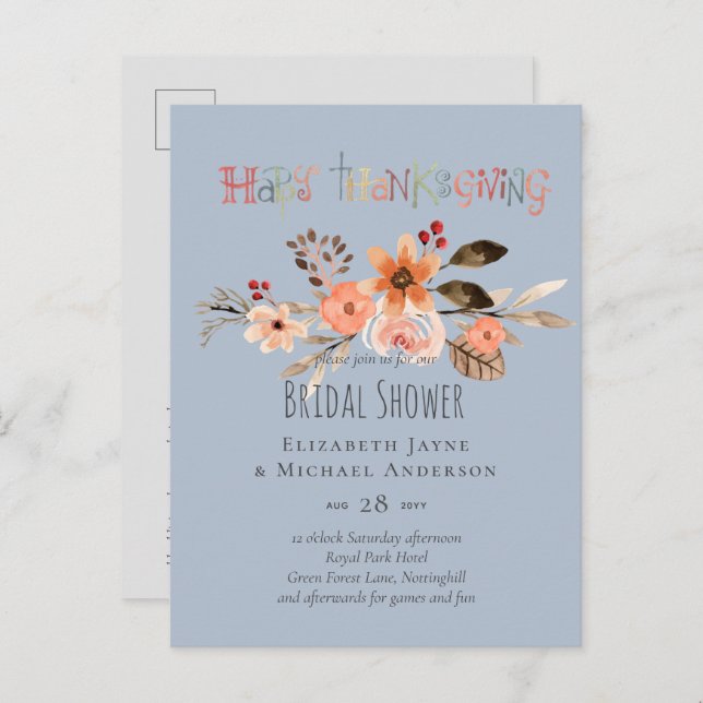 Thanksgiving Wedding Invitations Dusty Blue Orange (Front/Back)