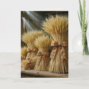 Thanksgiving Wheat Bundles Tied With Plaid Ribbon Card
