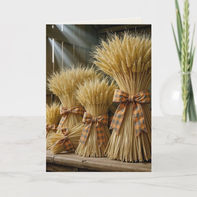 Thanksgiving Wheat Bundles Tied With Plaid Ribbon Card (Front)
