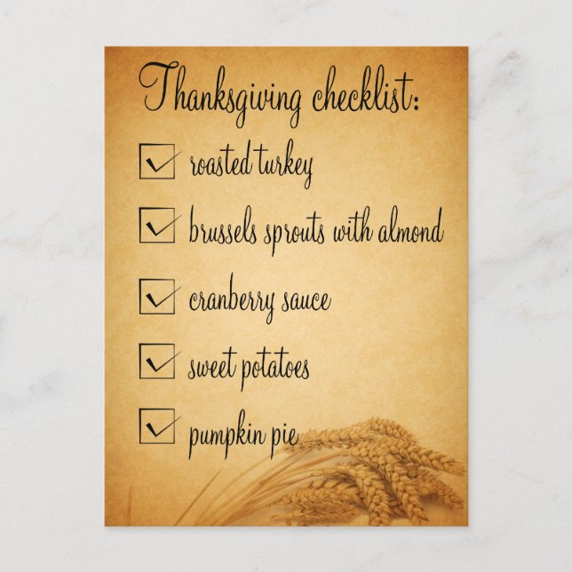 Thanksgiving Wheat Food Checklist Postcard (Front)