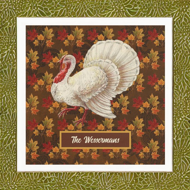 Thanksgiving White Turkey Autumn Leaves Monogram Napkin (Creator Uploaded)