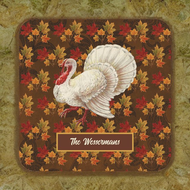 Thanksgiving White Turkey Autumn Leaves Monogram Square Paper Coaster (Creator Uploaded)