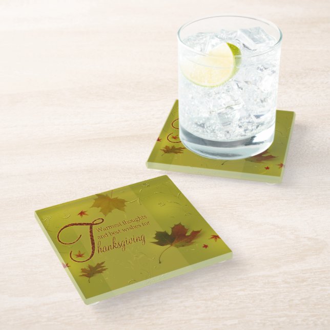 Thanksgiving Wishes Typography Leaves Glass Coaster (Angled)