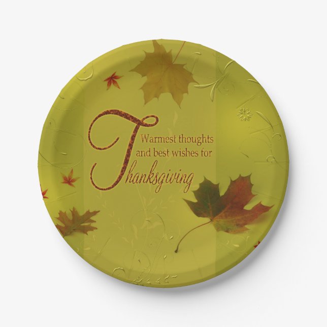 Thanksgiving Wishes Typography Leaves Paper Plate (Front)