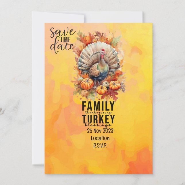 Thanksgiving  with Turkey save the date invitation (Front)
