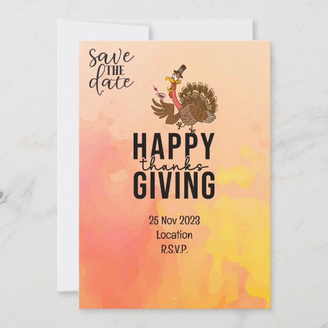 Thanksgiving  with Turkey save the date invitation (Front)