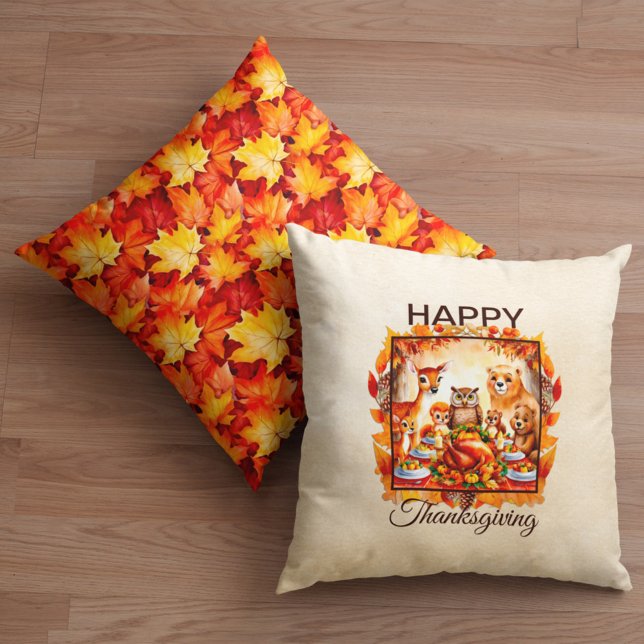 Thanksgiving Woodland Animals Autumn Leaves Cushion (Creator Uploaded)